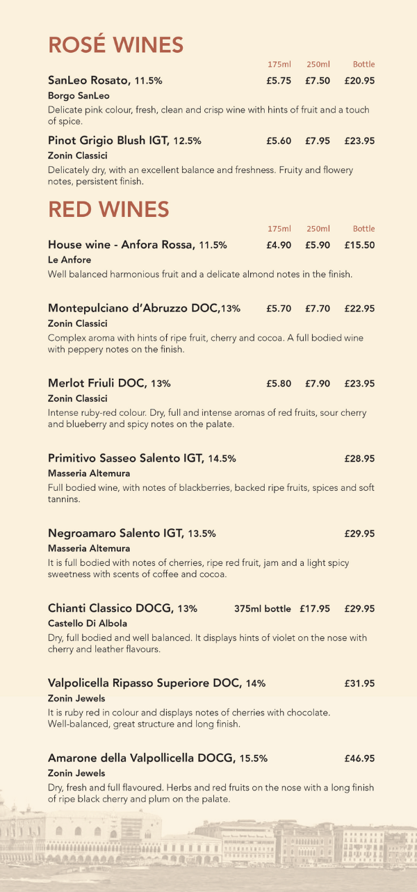 Pizzeria Venezia Wine List WebPage 2 Pizzeria Venezia Rose and Red Wines